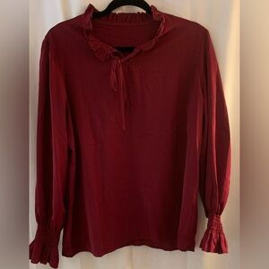 Women’s Red Blouse w/Ruffle Tie Collar & Elastic Smocked Long Sleeve; Size L